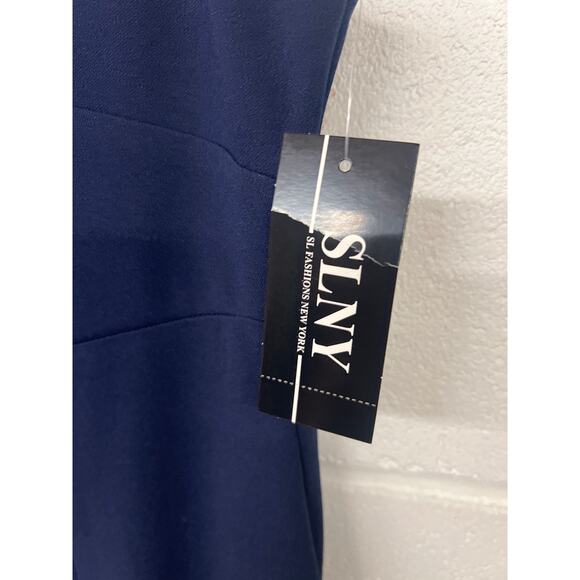 NWT SLNY Size 10P Navy Blue Slit Bow Accent Unlined Sleeveless Formal Gown Dress - Picture 3 of 7